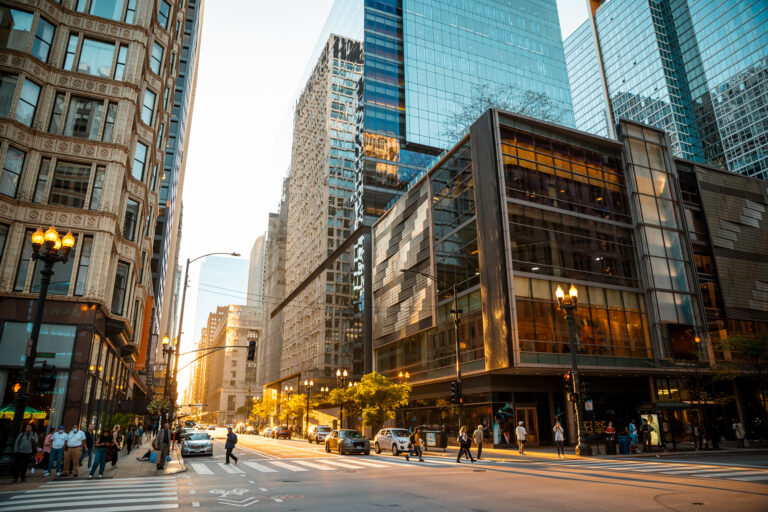 In the USA, Chicago, Illinois features the Chicago River, glass and steel buildings, with skyscrapers in the background, and downtown riverside, representing concepts of business, modern transportation, the financial district, the construction industry, business enterprise organization, and communication technology - The Chicago Loop