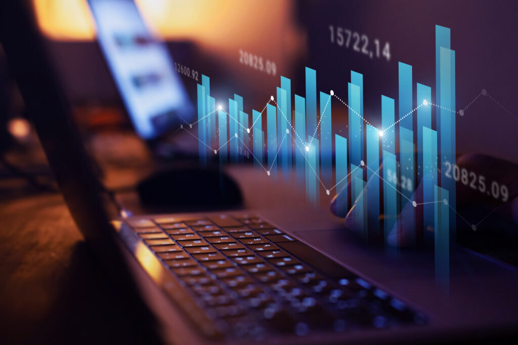 investment fund growth in business and finance, growing graphs and charts with statistics and digits